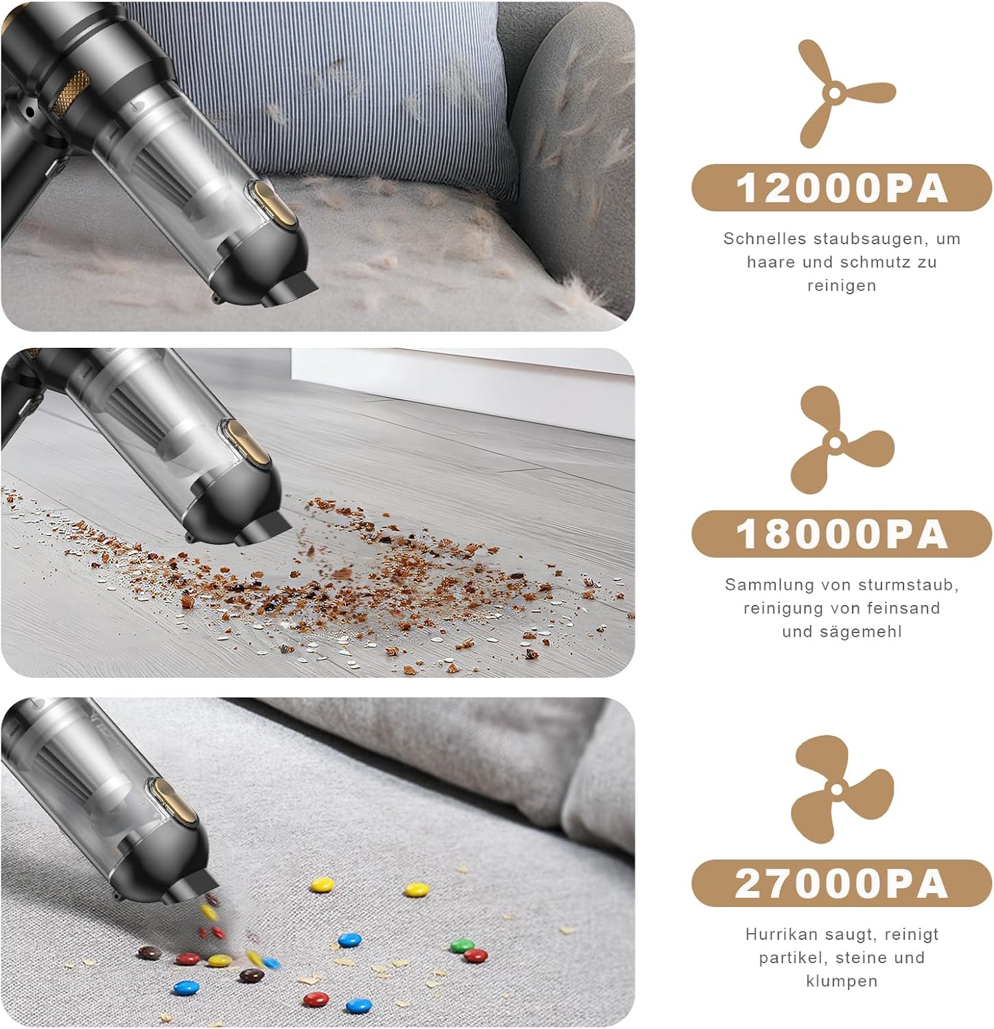 Detalle 2 de KITBEZN Handstaubsauger: Kabellos, 27 kPa, 135 W – 4-in-1 Mini Staubsauger für Auto, Haus und Tierhaare
