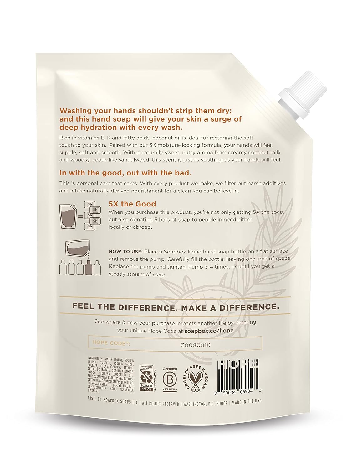 Detalle de Soapbox Liquid Hand Soap Refill (Coconut Milk & Sandalwood) — 64oz Half Gallon Pump Refill