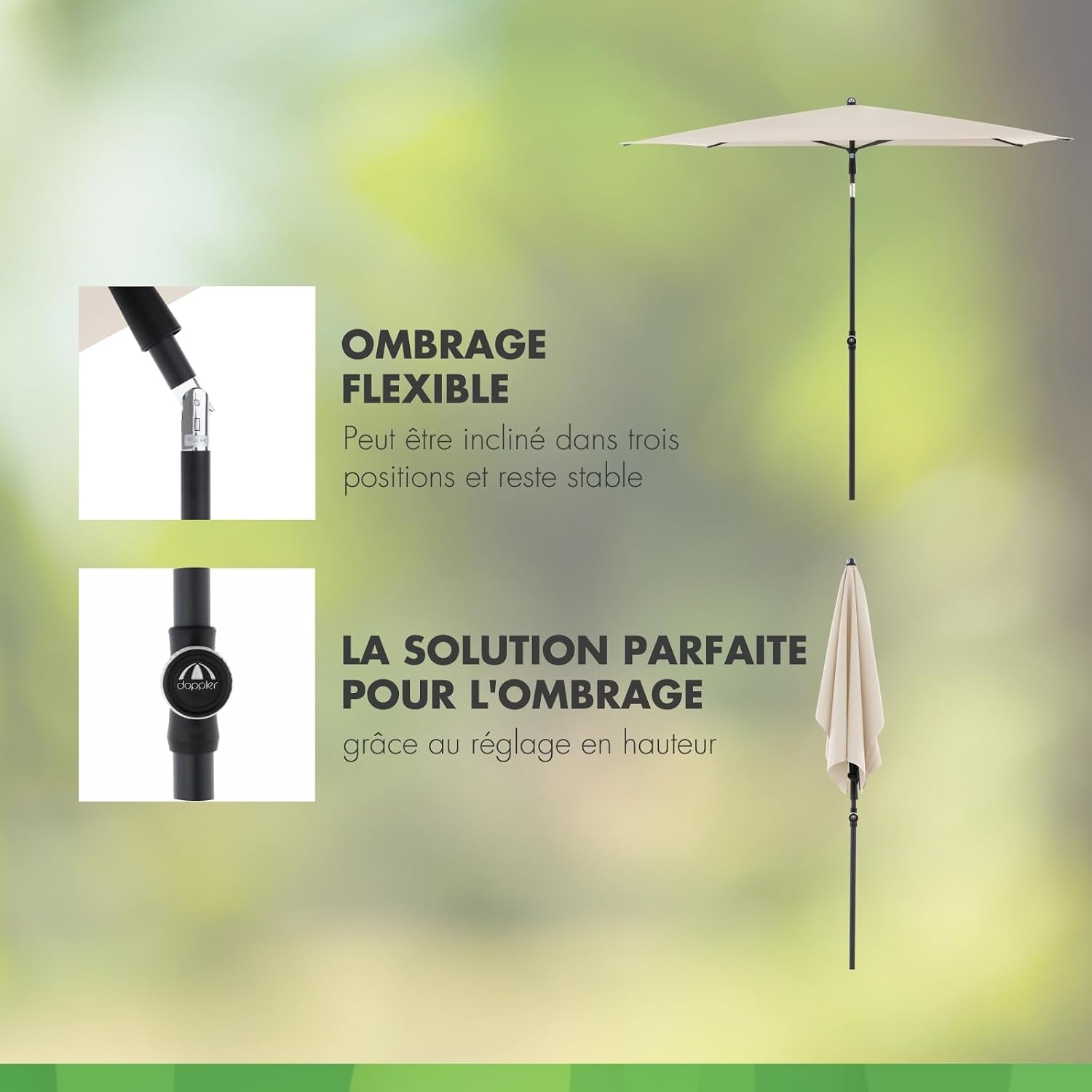 Detalle de Doppler Parasol Rethink 180x120 cm – Naturel, rectangulaire et inclinable, Housse incluse