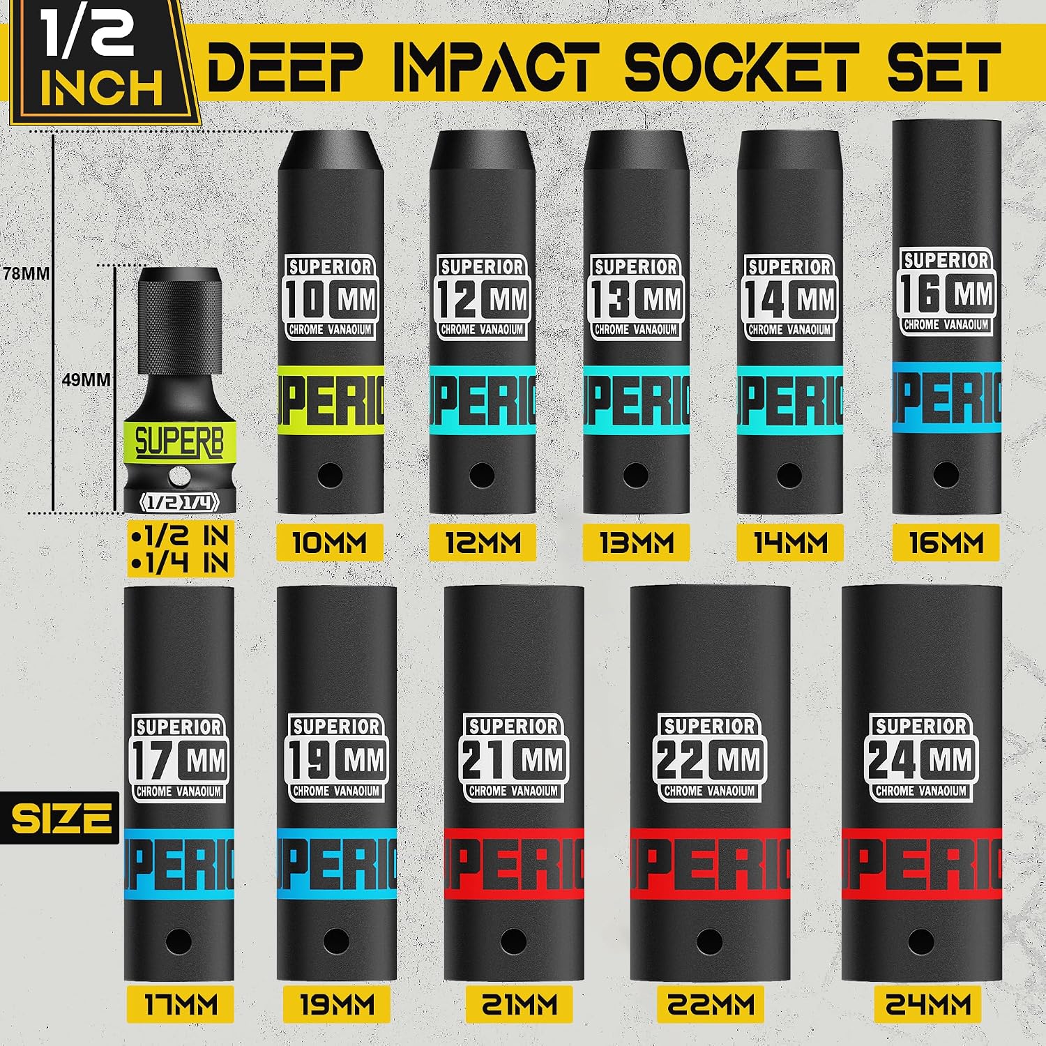 Thumbnail 1 de KIRXST 1/2 Inch Drive Impact Socket Set (11-Piece) – Metric Deep Sockets 10–24 mm with 1/4" Adapter