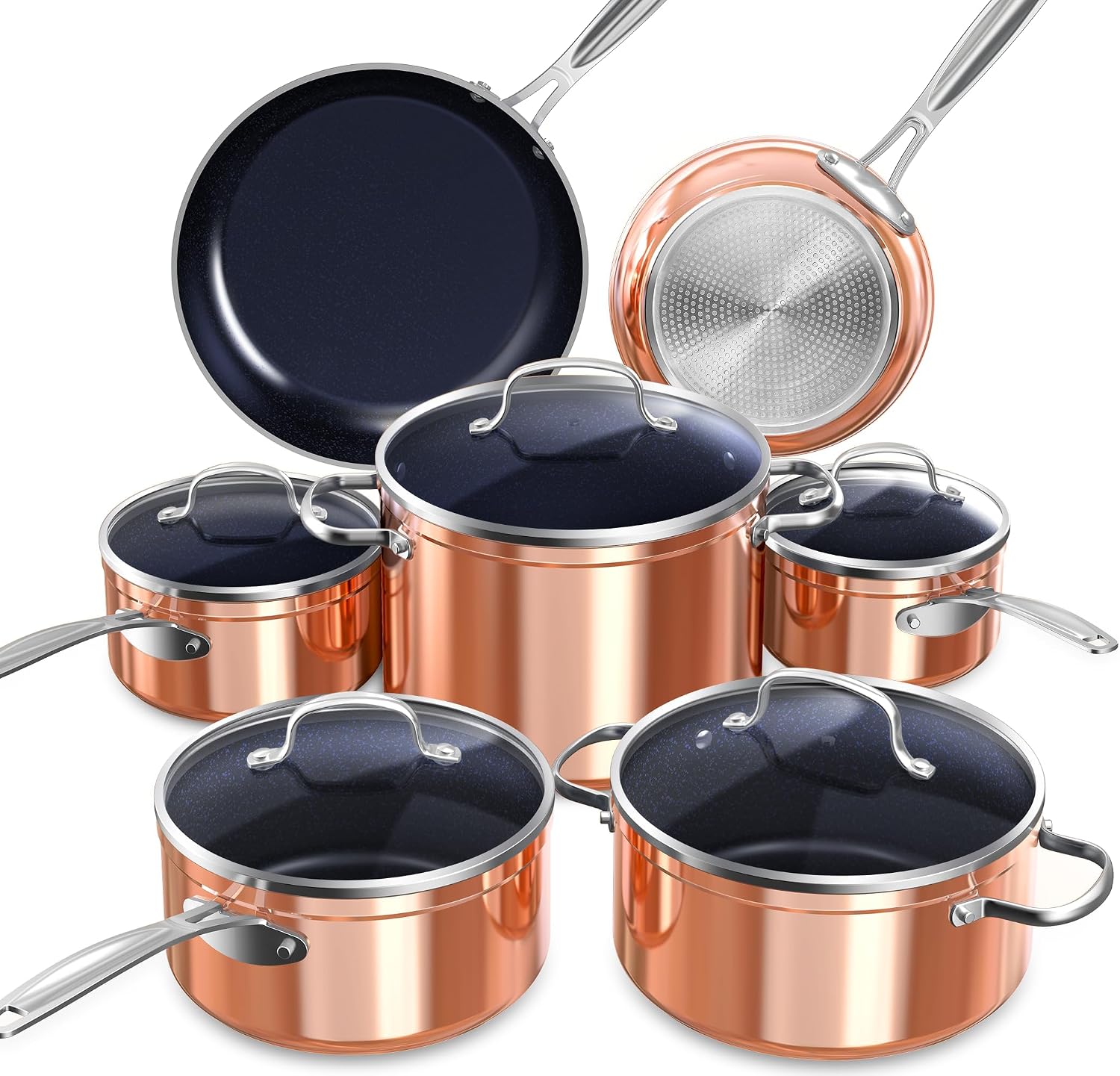 Detalle de Nuwave Healthy Duralon Blue Ceramic Nonstick Cookware Set (Diamond-Infused, PFAS-Free) with Tempered Glass Lids
