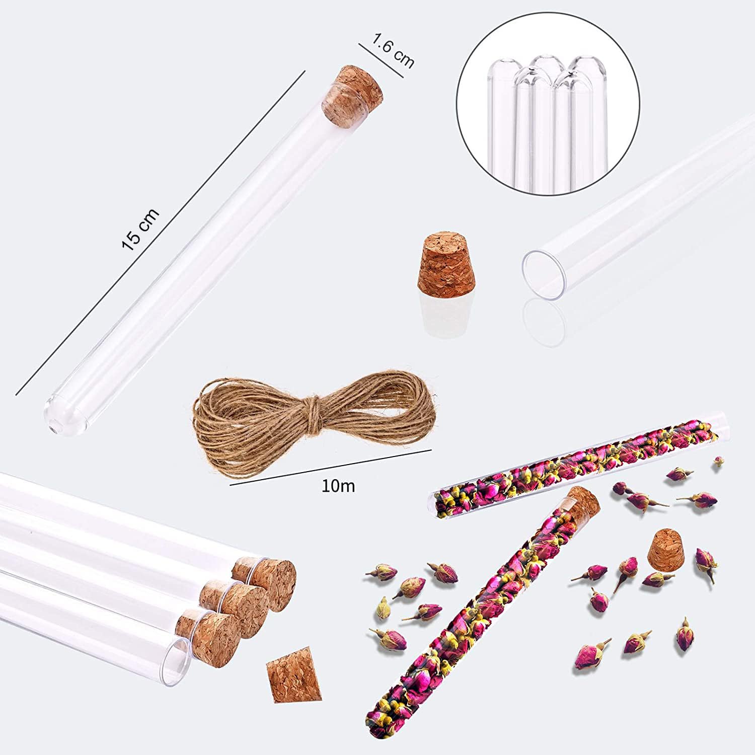 Detalle 2 de Faburo 40 Stück Reagenzgläser Kunststoff Transparent 20 ml mit Korken, inkl. Zubehör – vielseitig einsetzbare DIY-Gläser (150x16 mm)