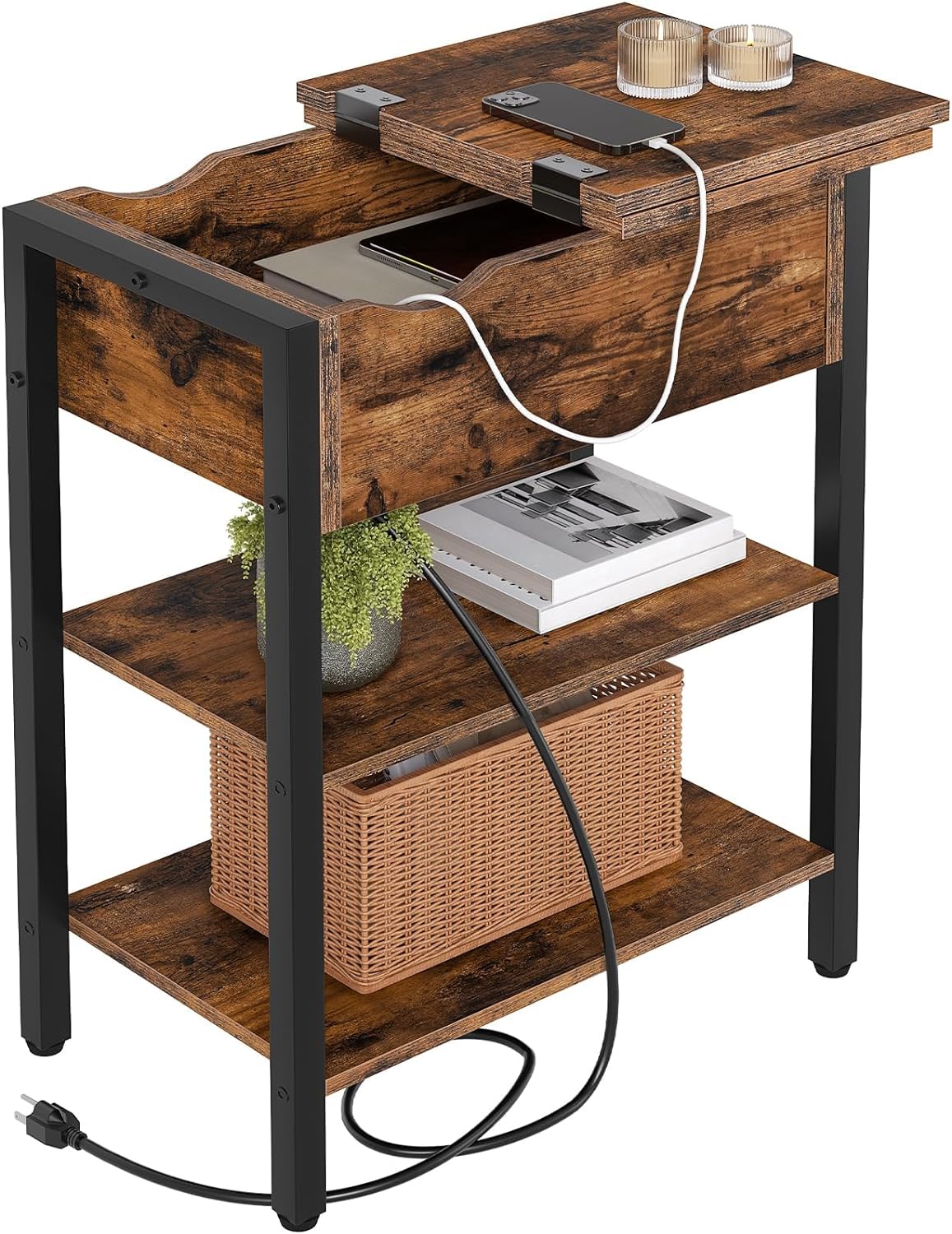 Detalle de HOOBRO End Table with Charging Station, Rustic Brown