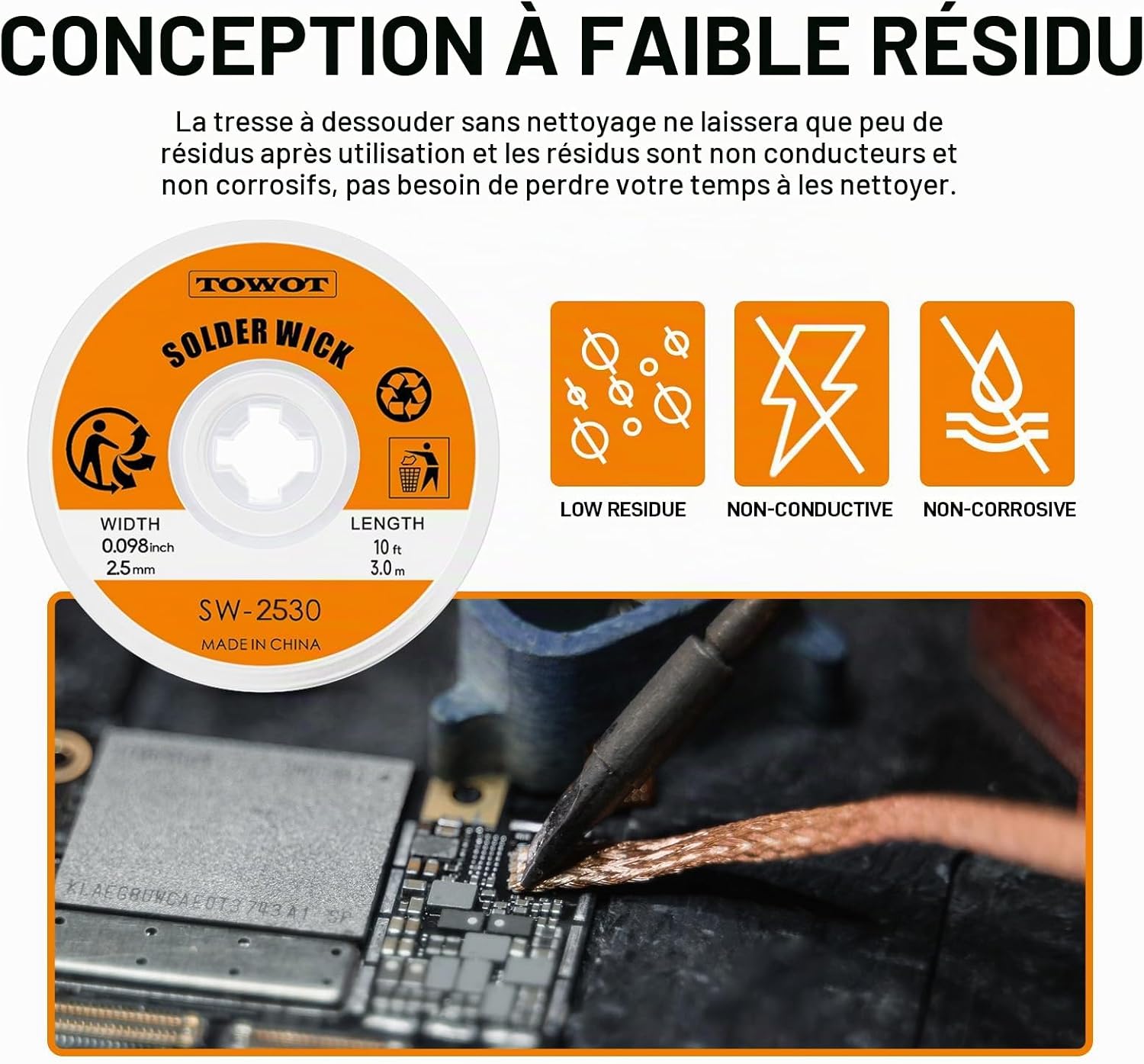 Thumbnail 3 de TOWOT Tresse à dessouder 3 m et pâte à souder sans nettoyage (10 cc) – Kit de dessoudage pour réparations électroniques