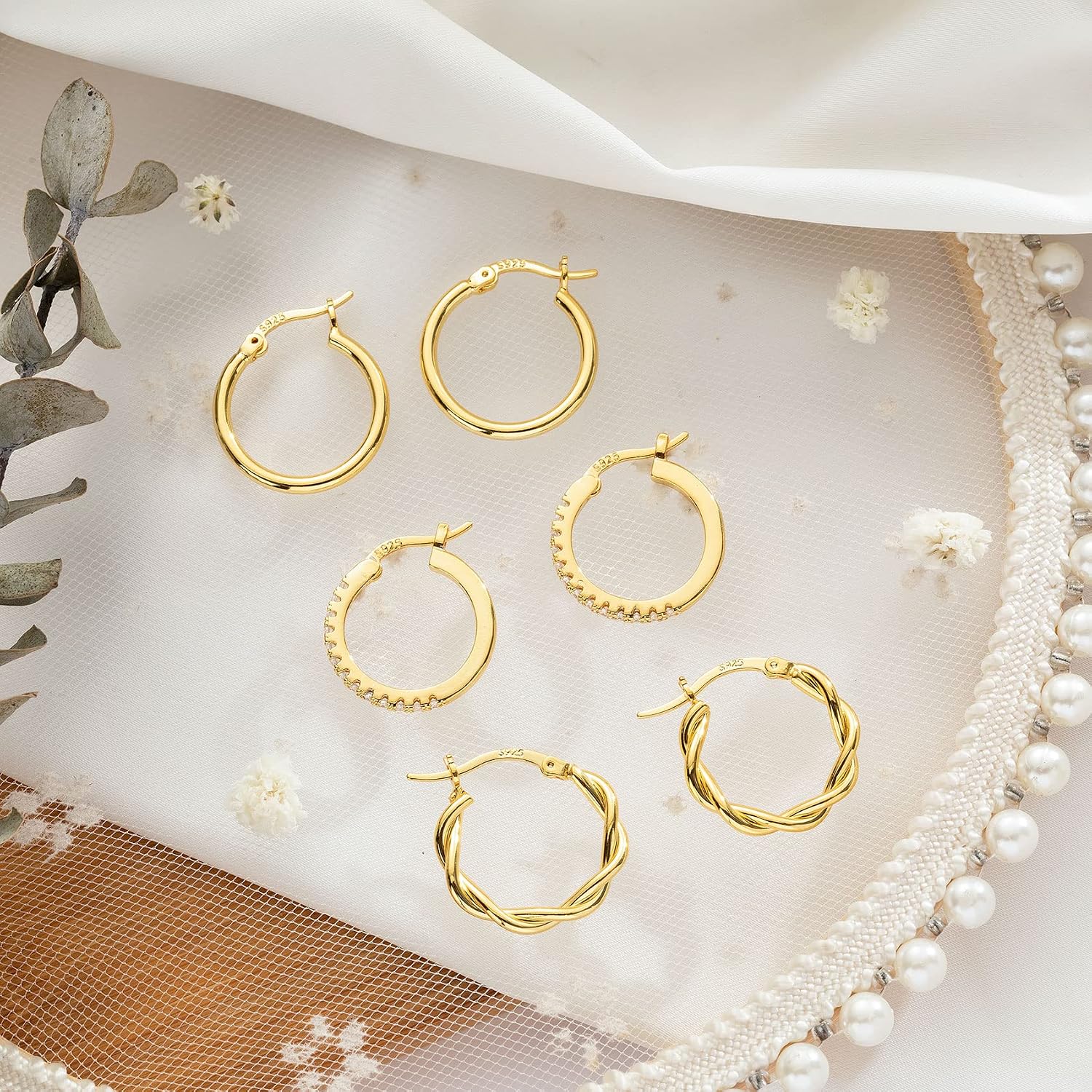 Detalle de PABBEU Hoop Earrings Set, 925 Sterling Silver