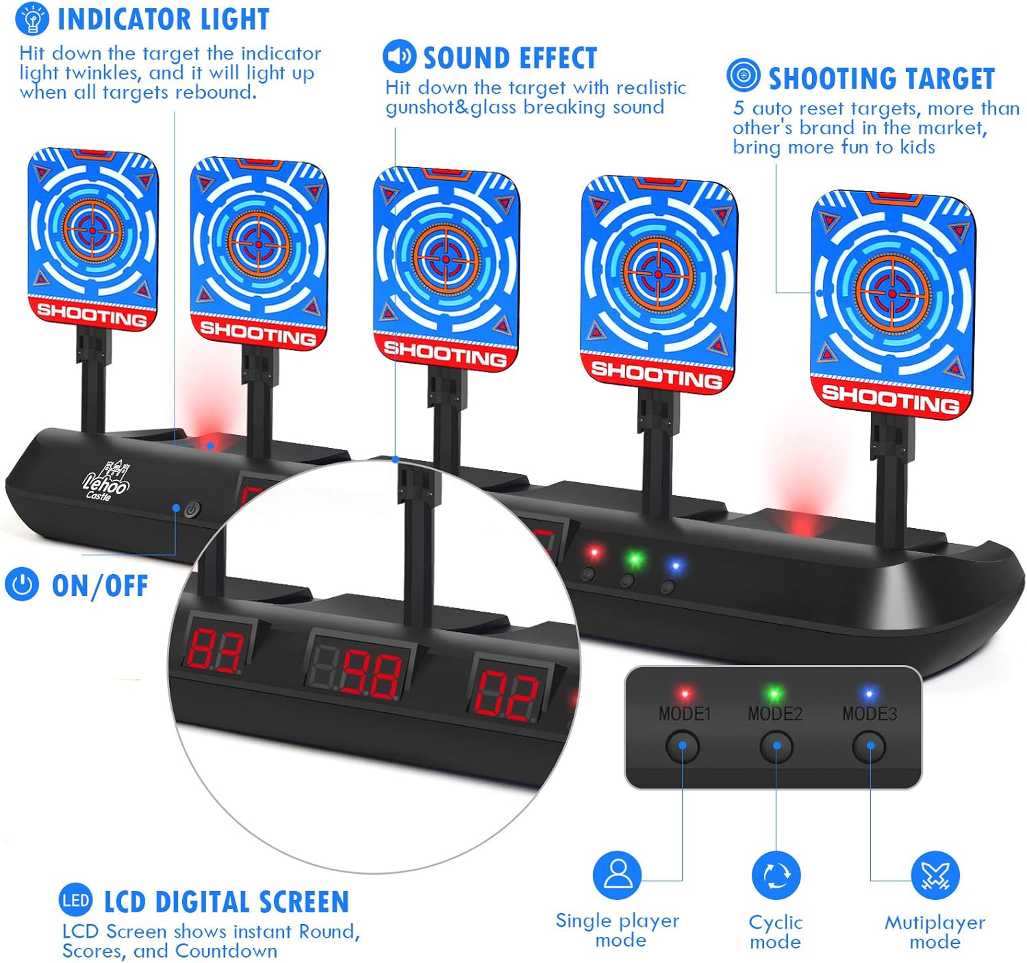 Detalle 2 de Lehoo Castle Electronic Nerf Target: 5-Target Digital Scoring Arena for Nerf Blasters