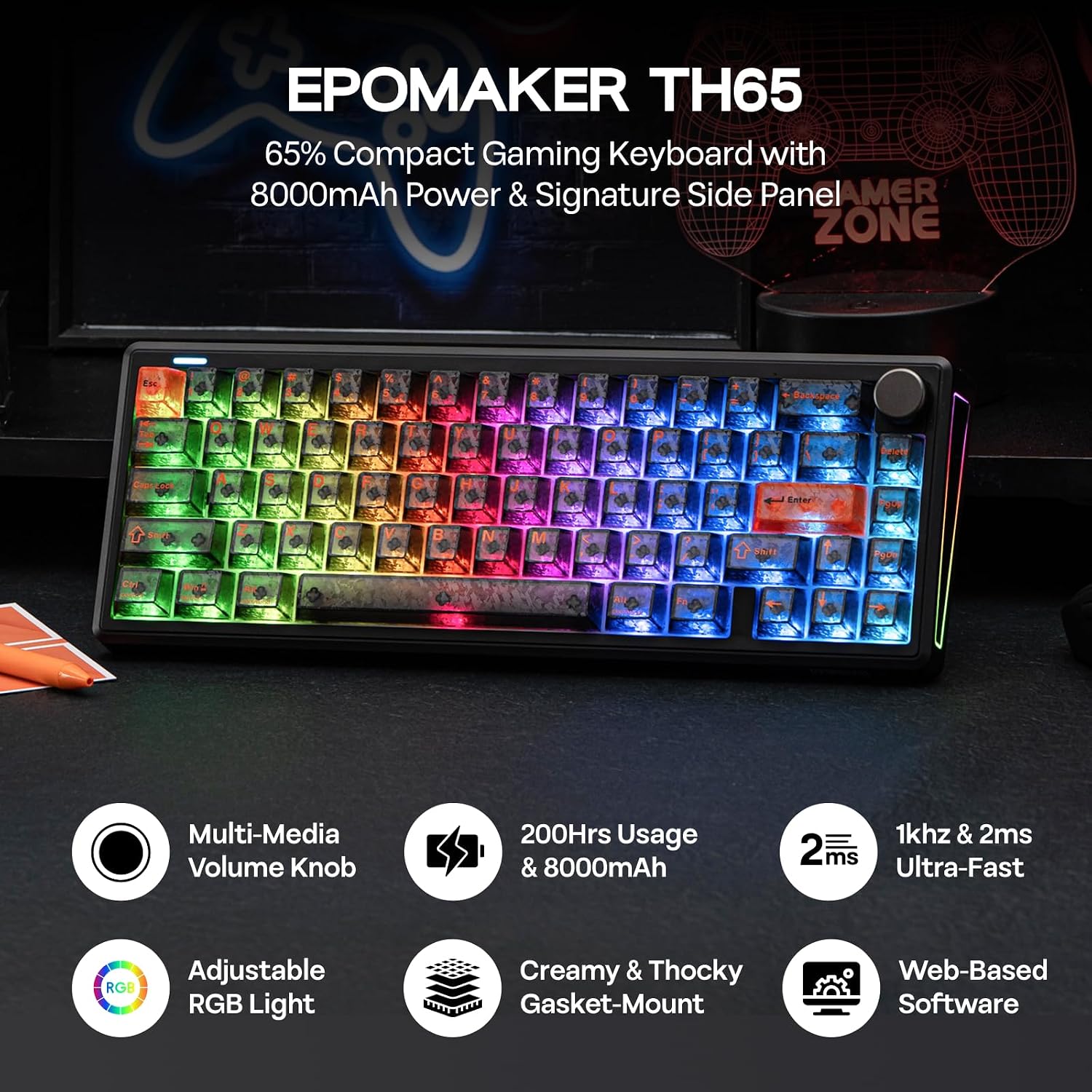 Detalle 2 de EPOMAKER TH65 65% Wireless Mechanical Keyboard with Knob, Hot-Swap and RGB