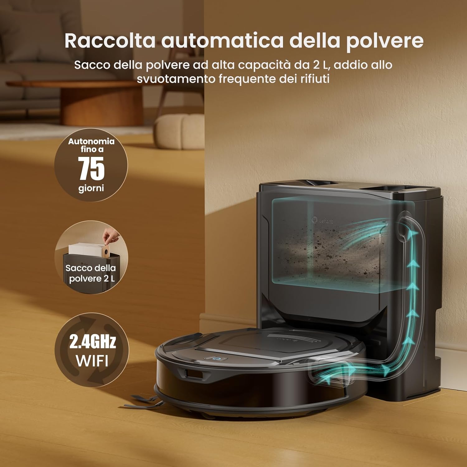 Detalle 2 de Lefant M210 PLUS: robot aspirapolvere ultrapiatto con mappatura laser e stazione di raccolta automatica