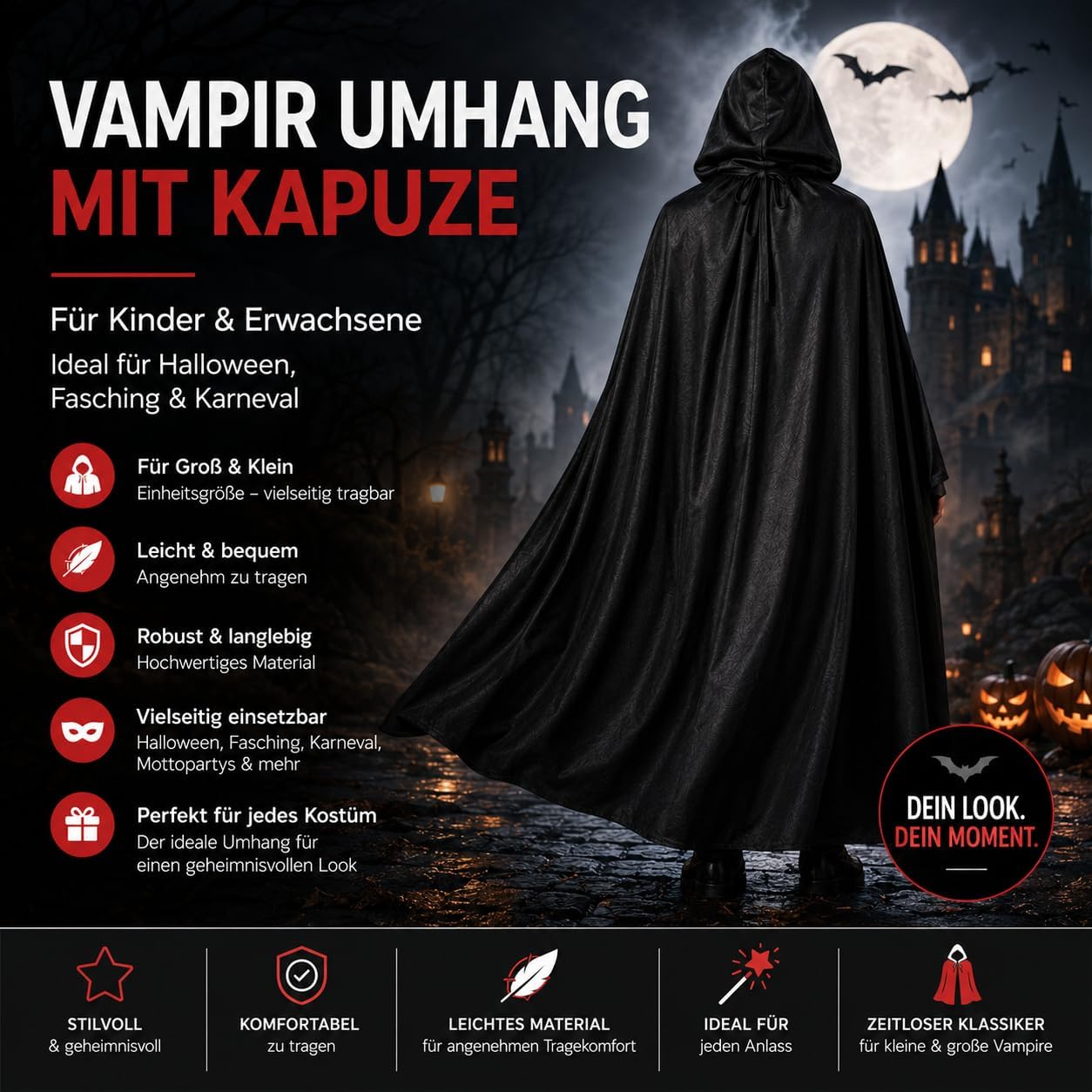 Detalle de TK Gruppe Timo Klingler svart mantel med huva för vampyr- och fantasikostymer