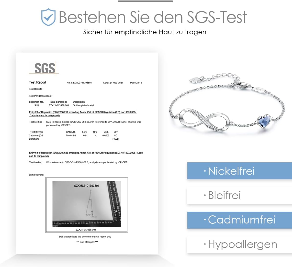 Thumbnail 5 de Infinity Armband für Damen mit Herz-Anhänger, 925 Sterling Silber Roségold – verstellbar mit Kristallen