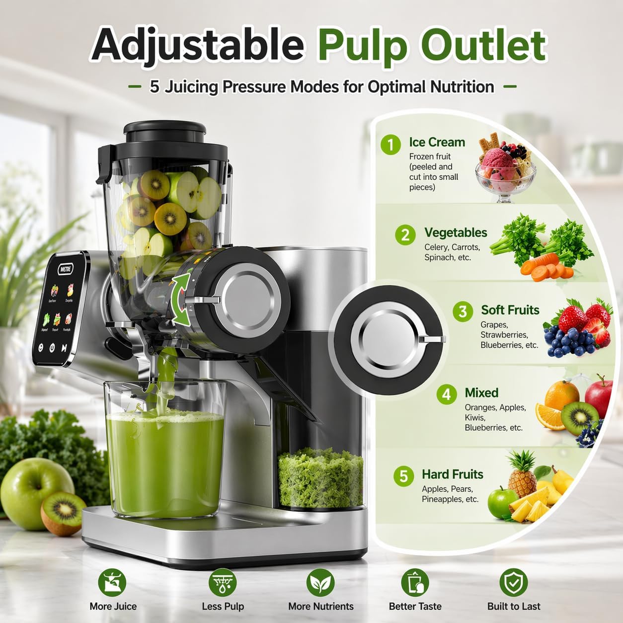 Detalle de WETIE Cold Press Juicer with Touch Screen, Adjustable Juicing Pressure & 3.54'' Feed Chute