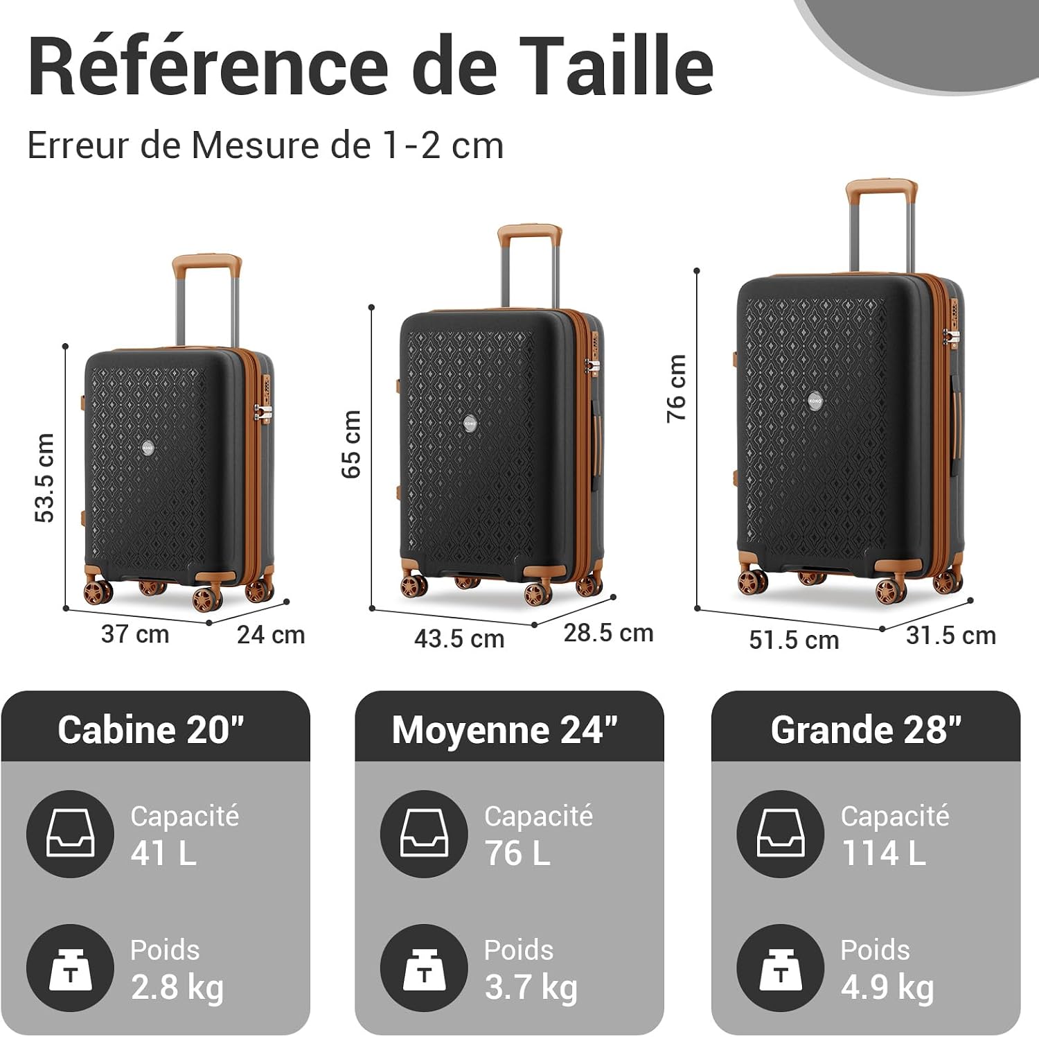 Detalle 2 de Kono Valise grande taille extensible à roulettes (PP) 76 x 51,5 x 31,5 cm – serrure TSA (Noir/Marron)
