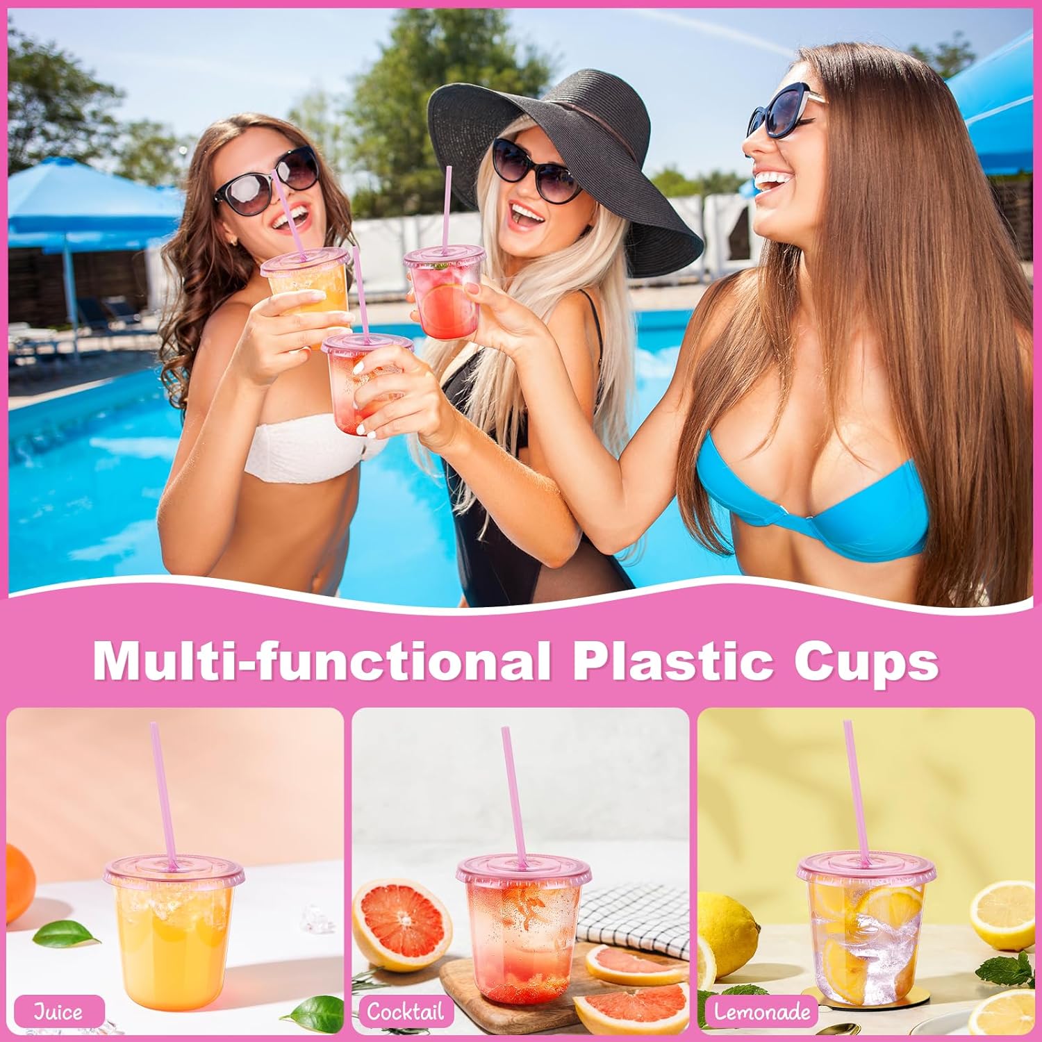 Thumbnail 5 de KesaPlan 50 Pack 12 oz Pink Plastic Party Cups with Lids and Straws (Disposable)