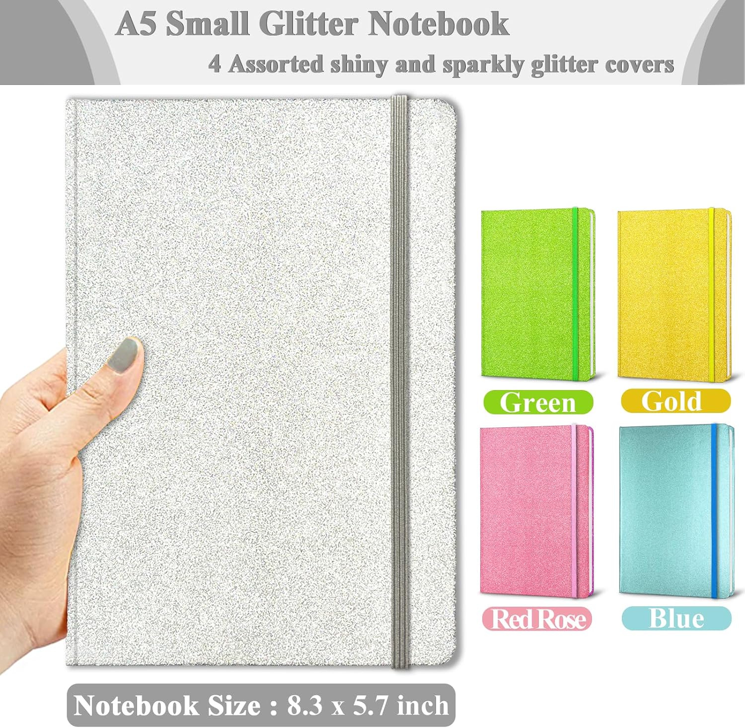 Detalle de GINMLYDA BD32 Silver Glitter A5 Notebook, 160 Lined Pages, Hardcover