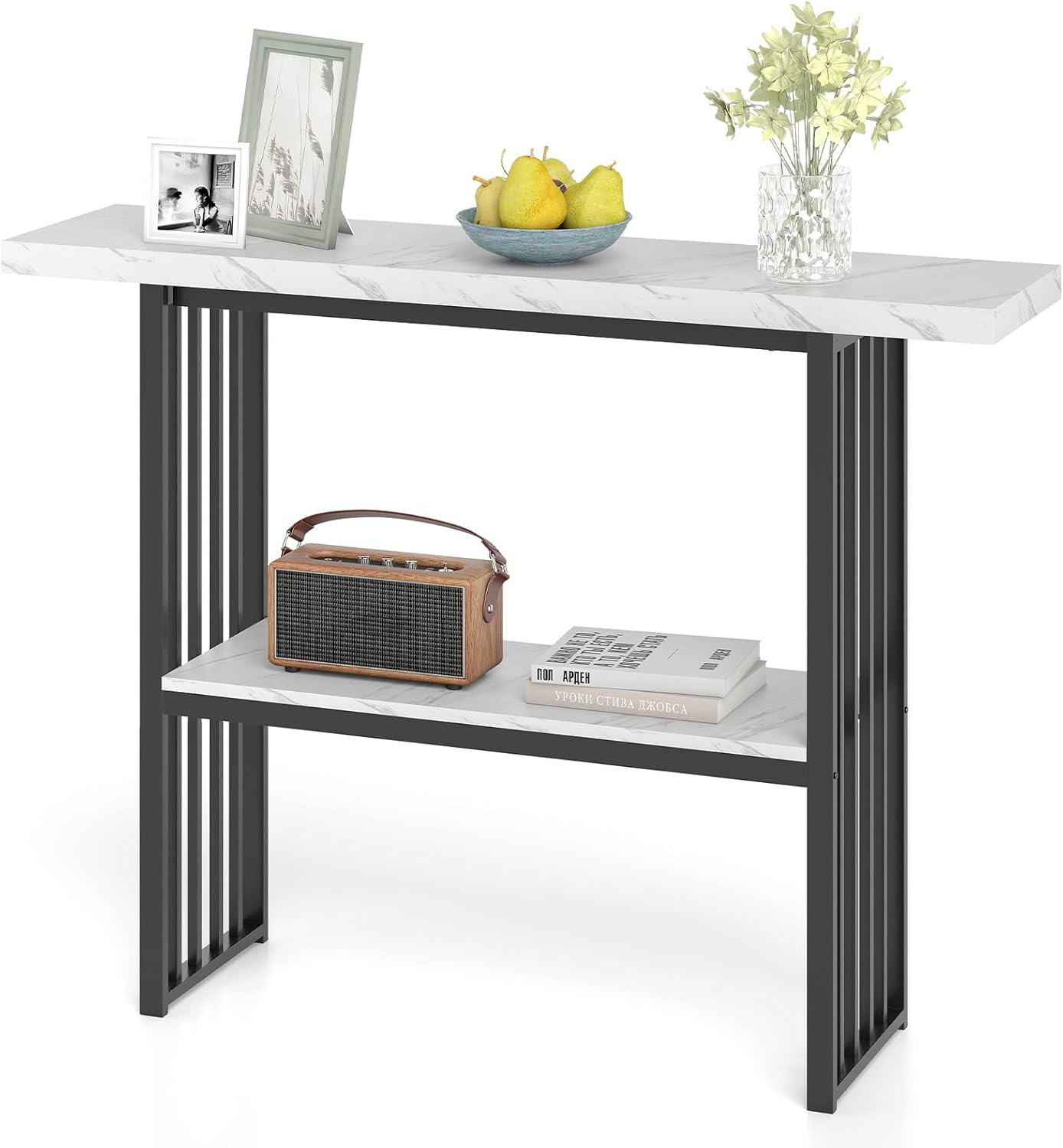 Thumbnail 6 de LIFEZEAL Table Console à 2 Niveaux – Plateau faux marbre blanc et cadre doré, 120 x 30 x 93 cm