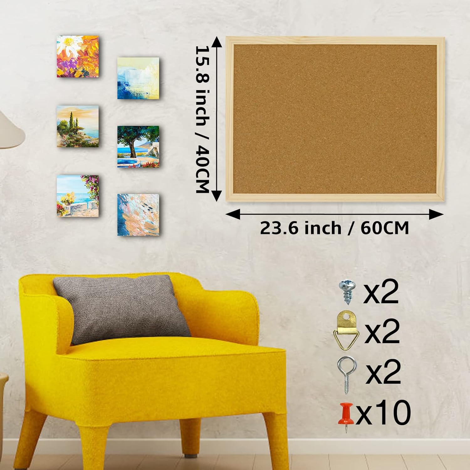 Thumbnail 1 de OWLKELA 60x40cm Thicken Cork Notice Pin Memo Board with 10 Pushpins and Hanging Rings