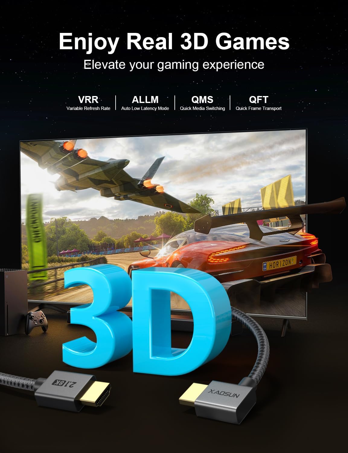 Detalle de XAOSUN Right Angle HDMI 2.1 Cable (1m) – 48Gbps 8K@60Hz, 4K@120Hz with eARC, HDR10, HDCP 2.2/2.3