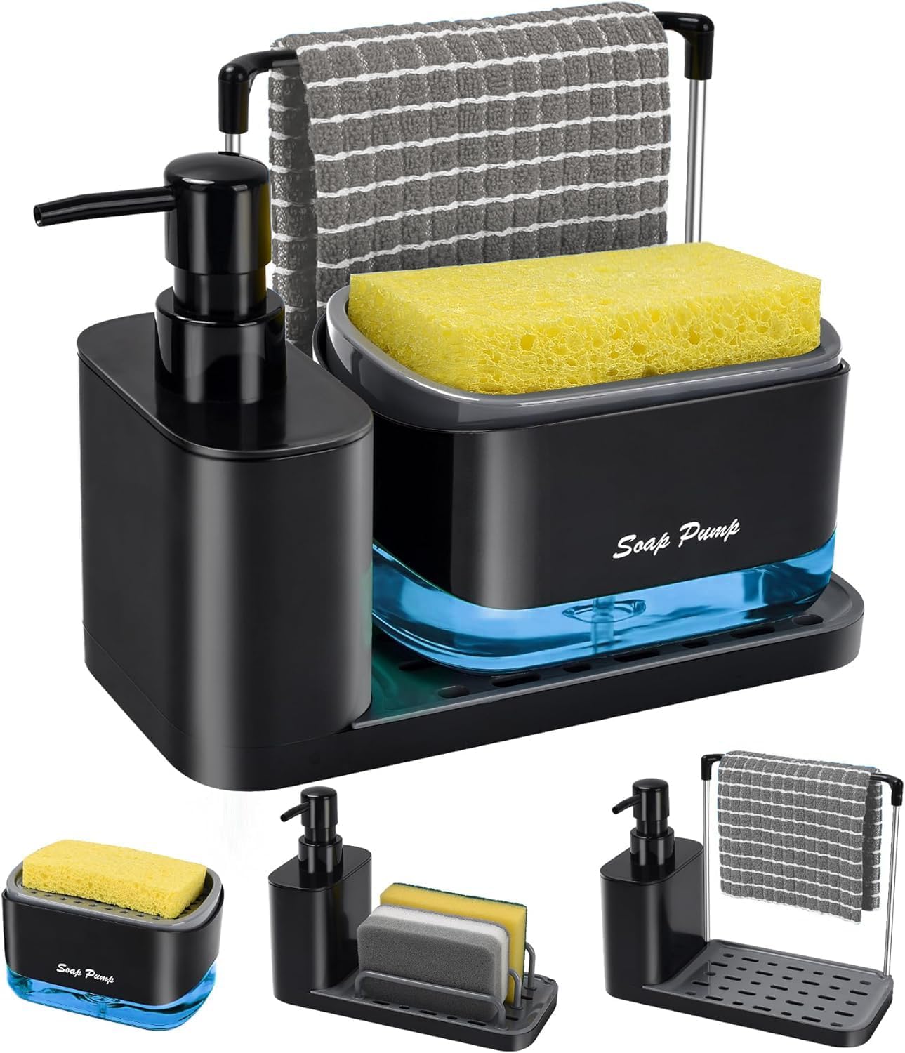 Detalle de Yulado 1 4-in-1 zwarte vaatwasmiddeldispenser met sponshouder