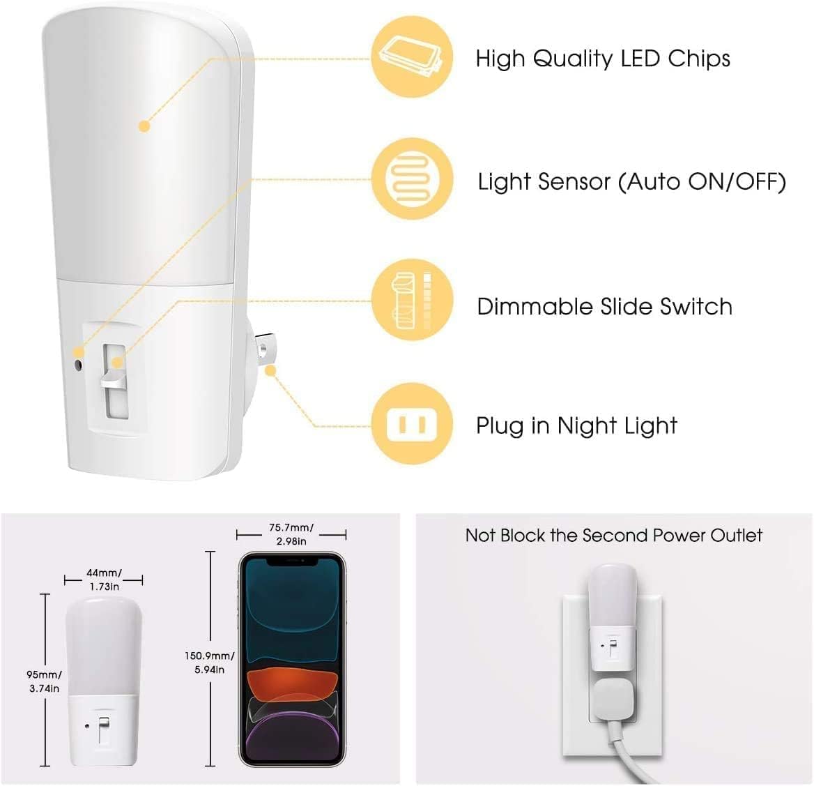 Detalle de LOHAS Dimmable Plug-In Night Lights, 2-Pack, 3000K, 5–80 lm