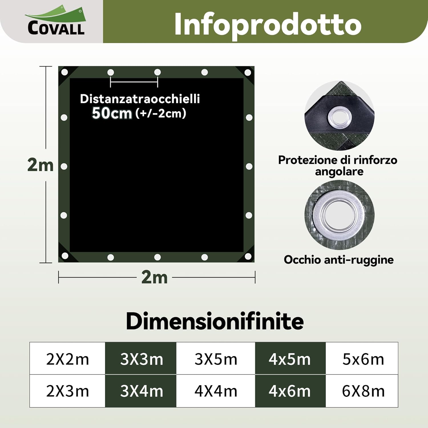 Thumbnail 6 de COVALL telo telone impermeabile 2x2 m in HDPE 140 g/m² con occhielli rinforzati