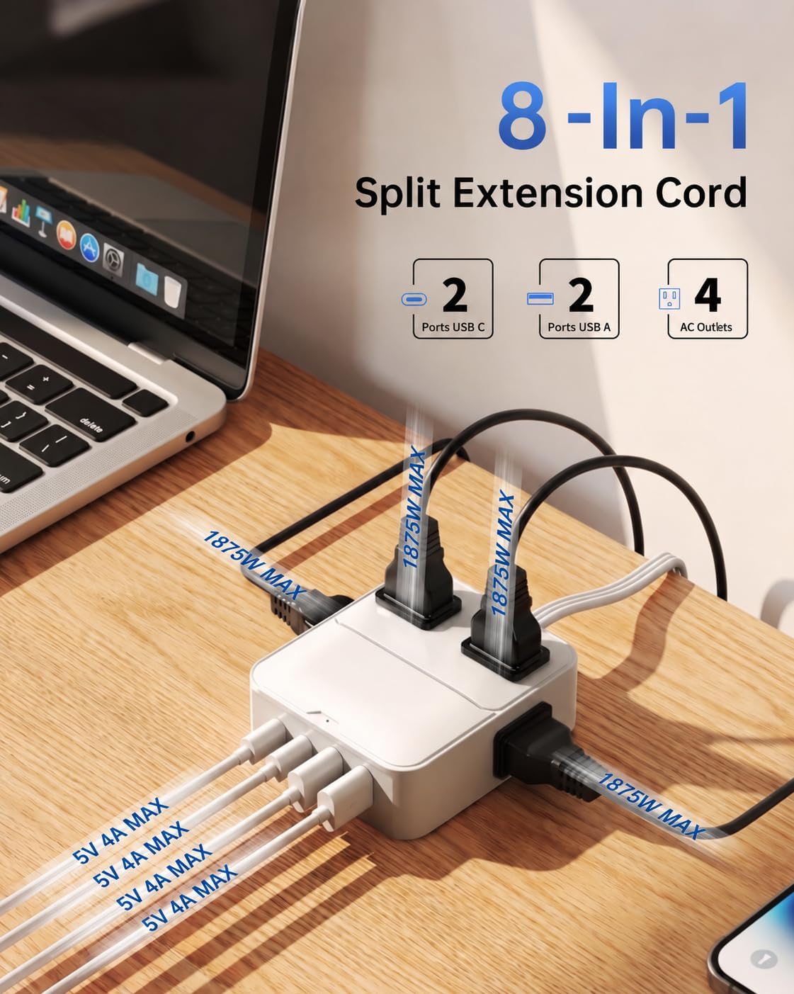 Thumbnail 1 de KWRNVO CT-1250 Split Extension Cord, 12 ft, 16-in-1 Charging Station