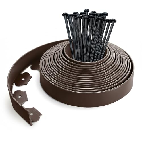 Detalle de VOUNOT Bordo Giardino Flessibile 10 m – Bordura aiuole plastica marrone con 30 chiodi di fissaggio, 5 cm di altezza