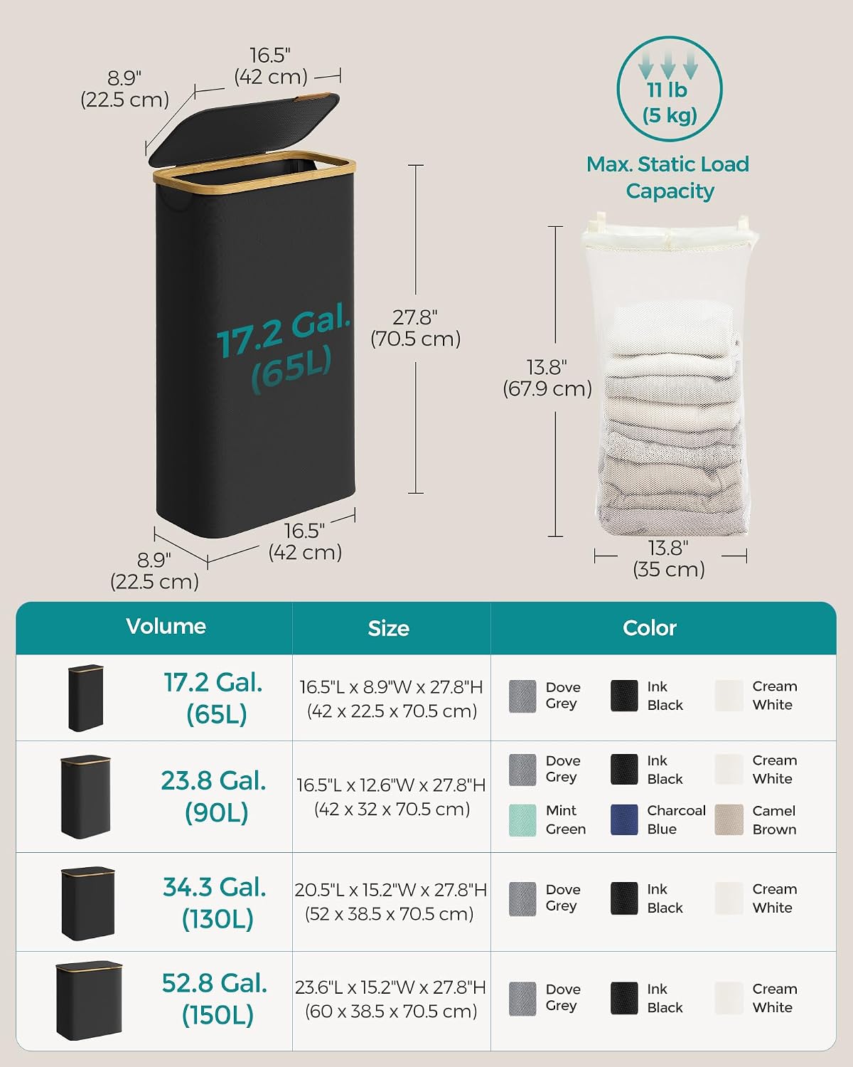 Thumbnail 5 de SONGMICS LCB506B01 65L slim laundry basket