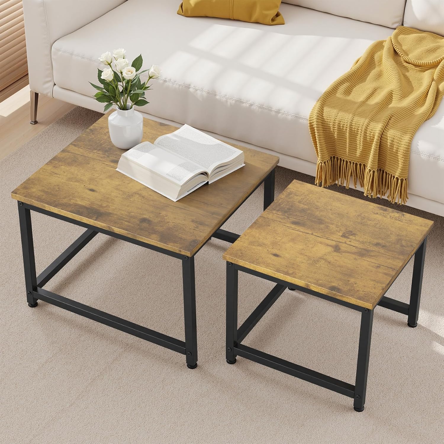 Detalle de Hawthyhome Lot de 2 tables basses rondes en bois avec cadre en métal – élégance vintage pour salon et chambre