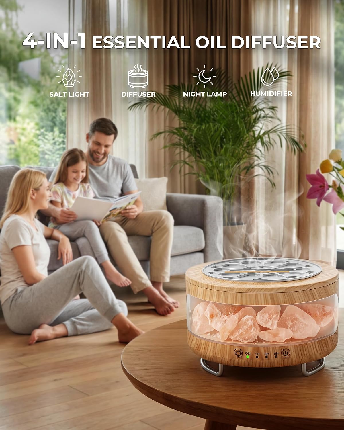 Detalle de BZGG 4-in-1 Ultrasonic Diffuser, Himalayan Salt Lamp, Humidifier & 7-Color Night Light