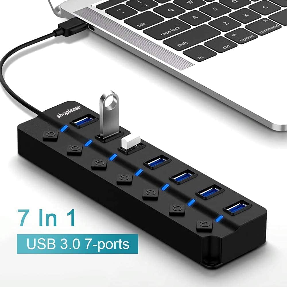 Detalle de shoplease S02 USB 3.0-hubb med 7 portar och individuella strömbrytare