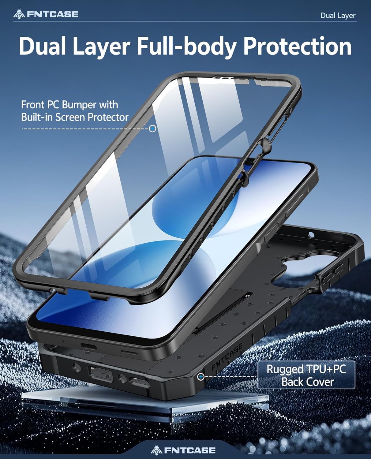 Thumbnail 2 de FNTCASE rugged phone case for Samsung Galaxy A17 / A26 4G-5G (2025) with integrated screen protection and kickstand – Black