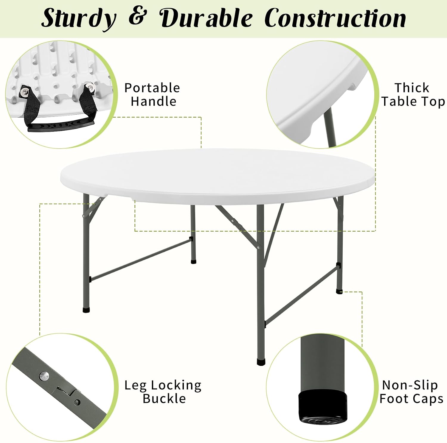 Detalle de Fivenl YZDZ 5 FT Round Folding Table, White HDPE Top with Carrying Handle