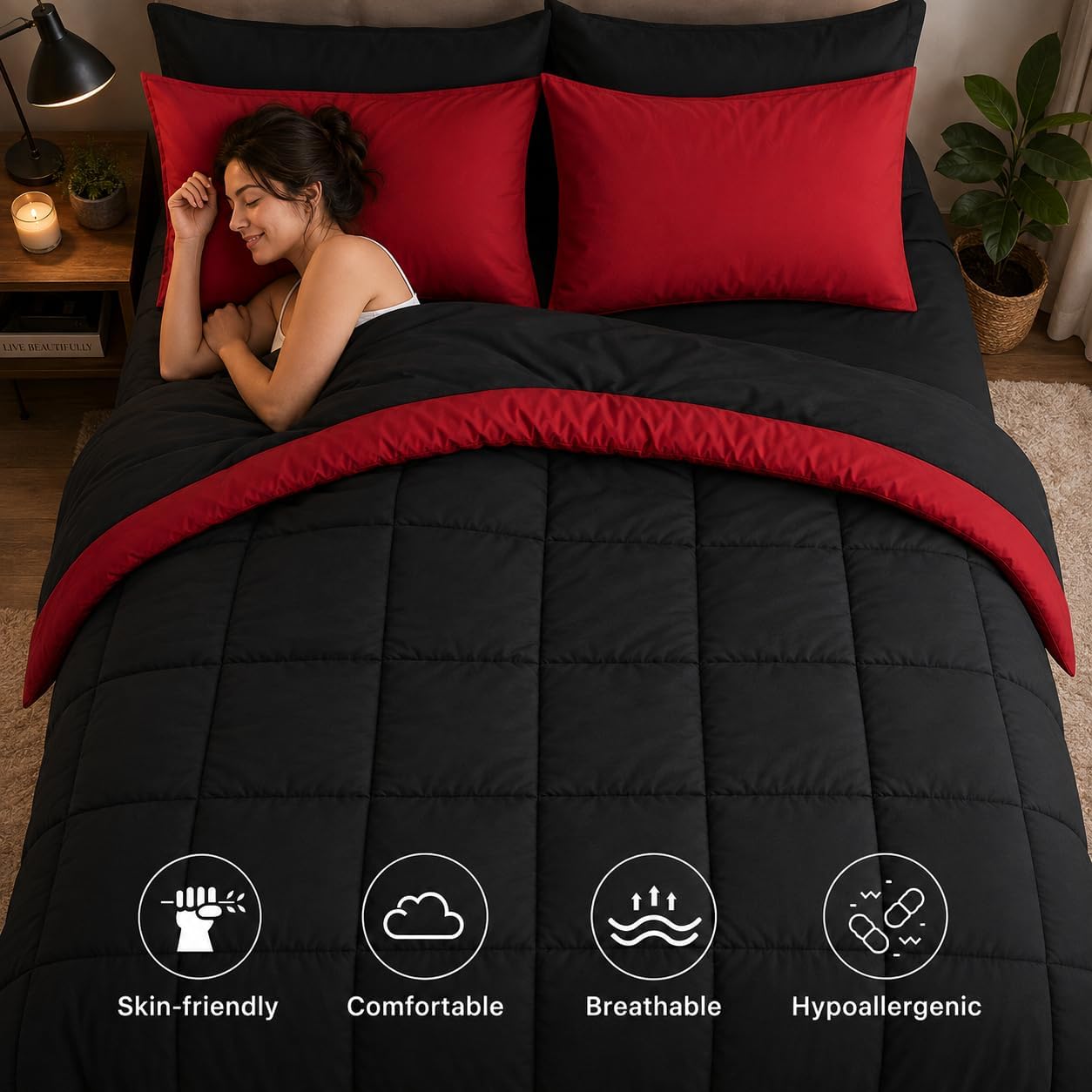 Detalle de Anluoer Queen Comforter Set 7 Piece: Reversible, Ultra-Soft, All-Season Bedding