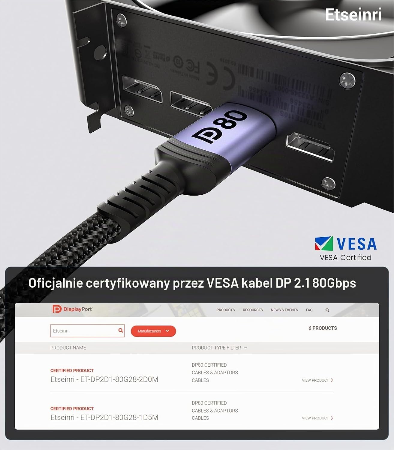 Detalle de Etseinri ET-DP2.1-3M kabel DisplayPort 2.1, 80 Gb/s, 3 m, VESA