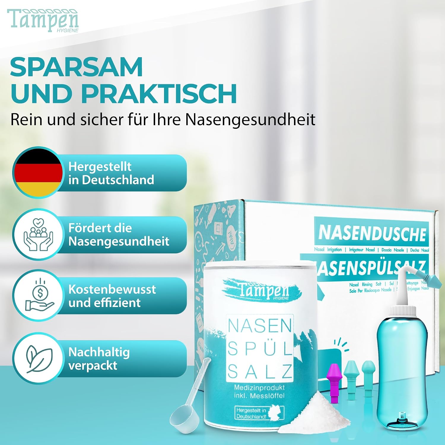 Detalle de Tampen Nasendusche: Großes Set für Erwachsene und Kinder inkl. 120 Nasenspülsalz, Messlöffel und 3 Aufsätze