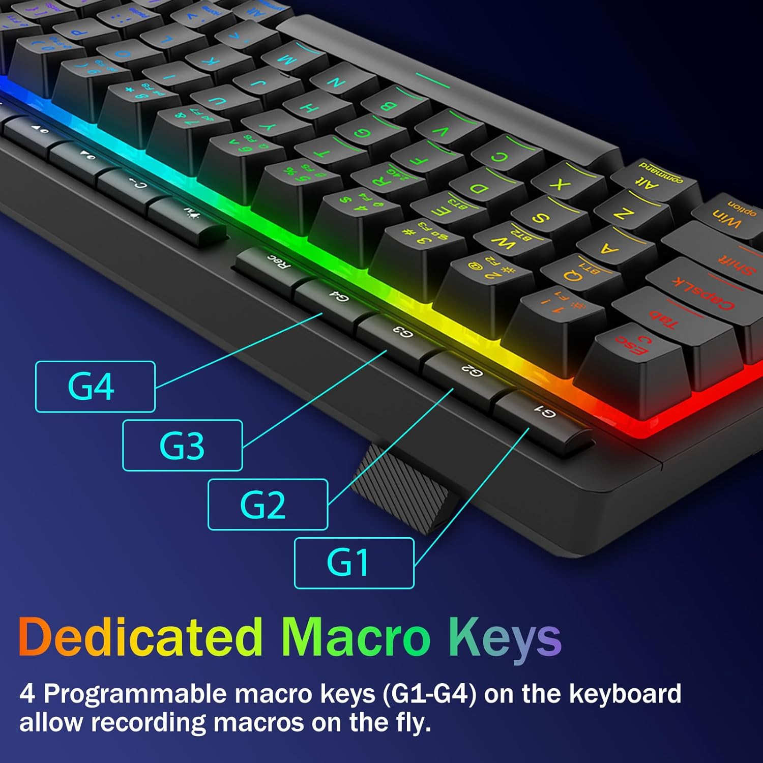 Detalle de Redragon Wireless Gaming Keyboard (Tri-Mode Bluetooth/2.4GHz/USB-C) – 60% Mini RGB Macro Keyboard