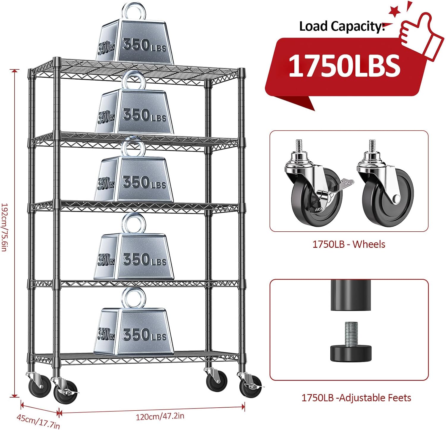 Thumbnail 2 de IZEUK A45120180FKW504 5-Tier Steel Wire Shelving Unit with Adjustable Shelves