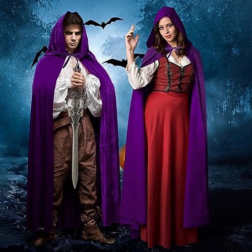 Detalle 2 de AOOWU Mantello con cappuccio viola in velluto, 150 cm per Halloween e Carnevale