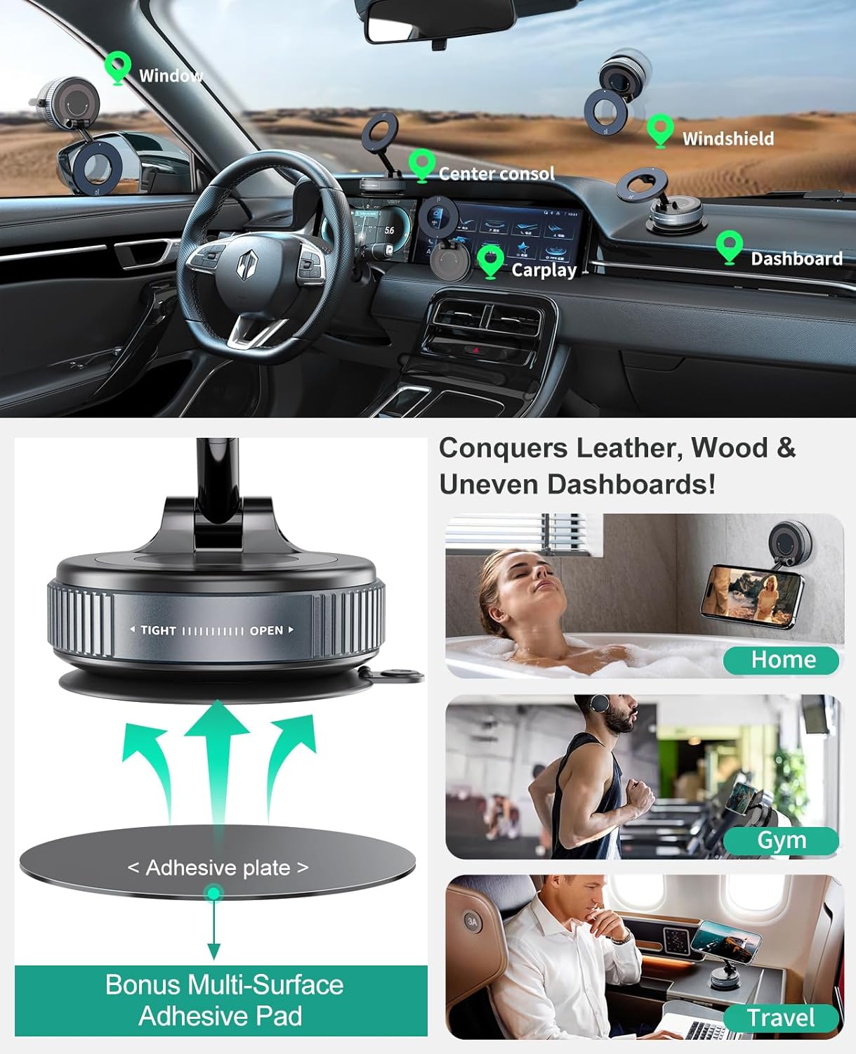 Detalle 2 de 2026 Magnetic Suction Phone Mount for MagSafe – 360° Adjustable Vacuum Suction Car Holder (Black)