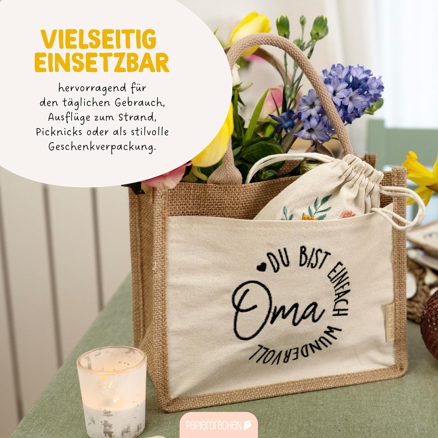 Detalle de Papierdrachen Wundervolles Geschenk für die Oma – Praktische Jutetasche mit Schriftzug