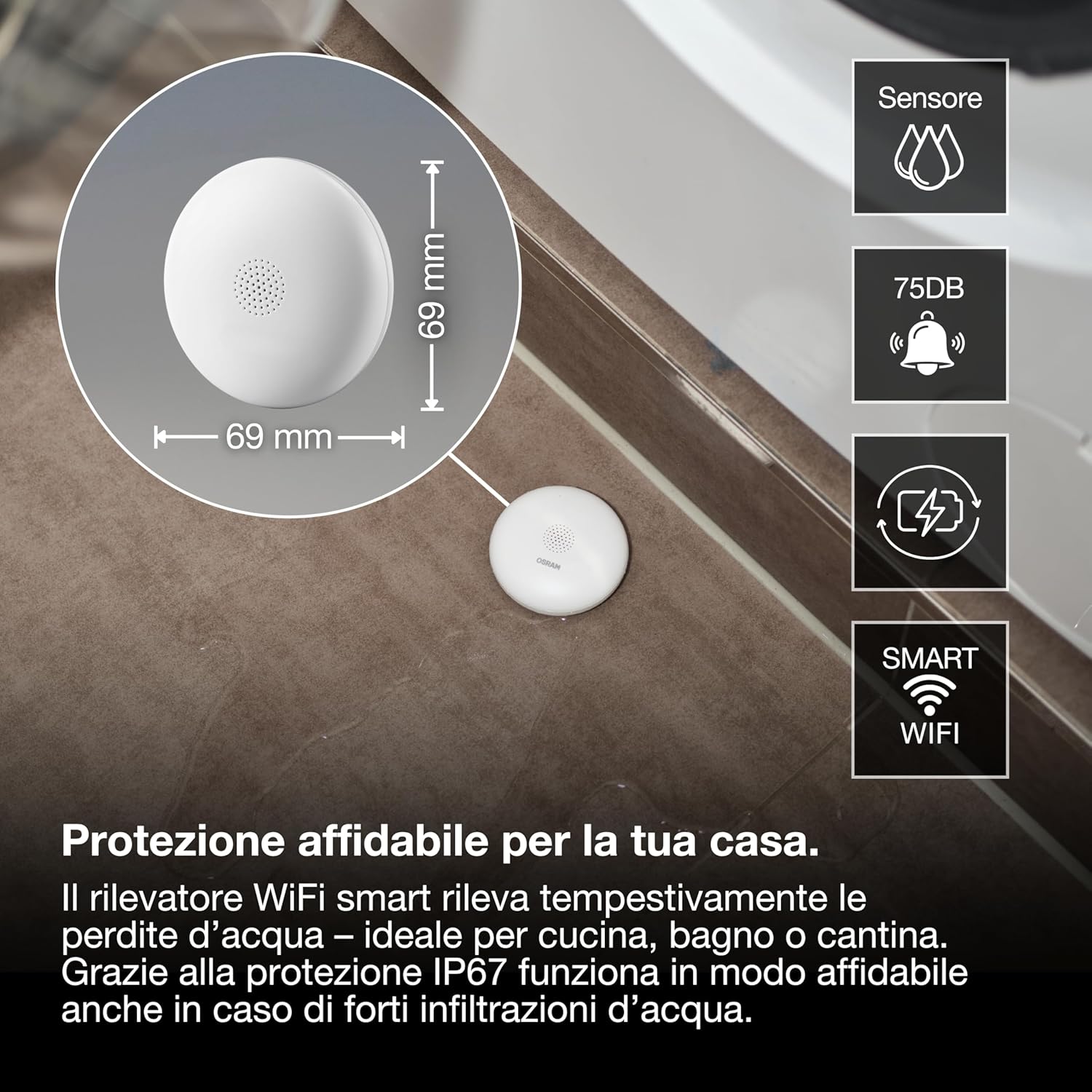 Thumbnail 1 de OSRAM SMART+ Rilevatore di acqua WiFi bianco (IP20, 69 mm) con allarme e app SMART+
