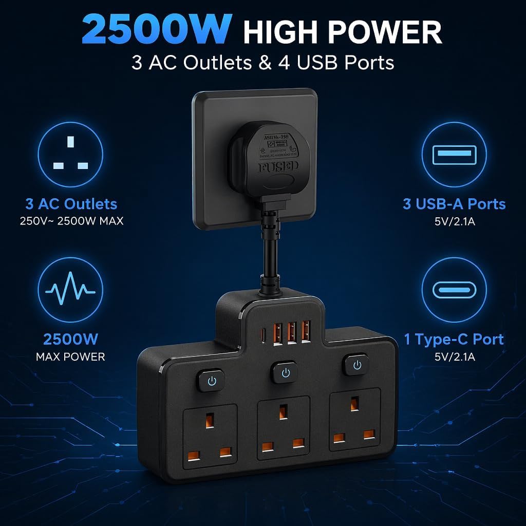 Thumbnail 1 de Multi Plug Extension with Flexible Plug (3 Way, 3 USB, Individual Switched, Black)