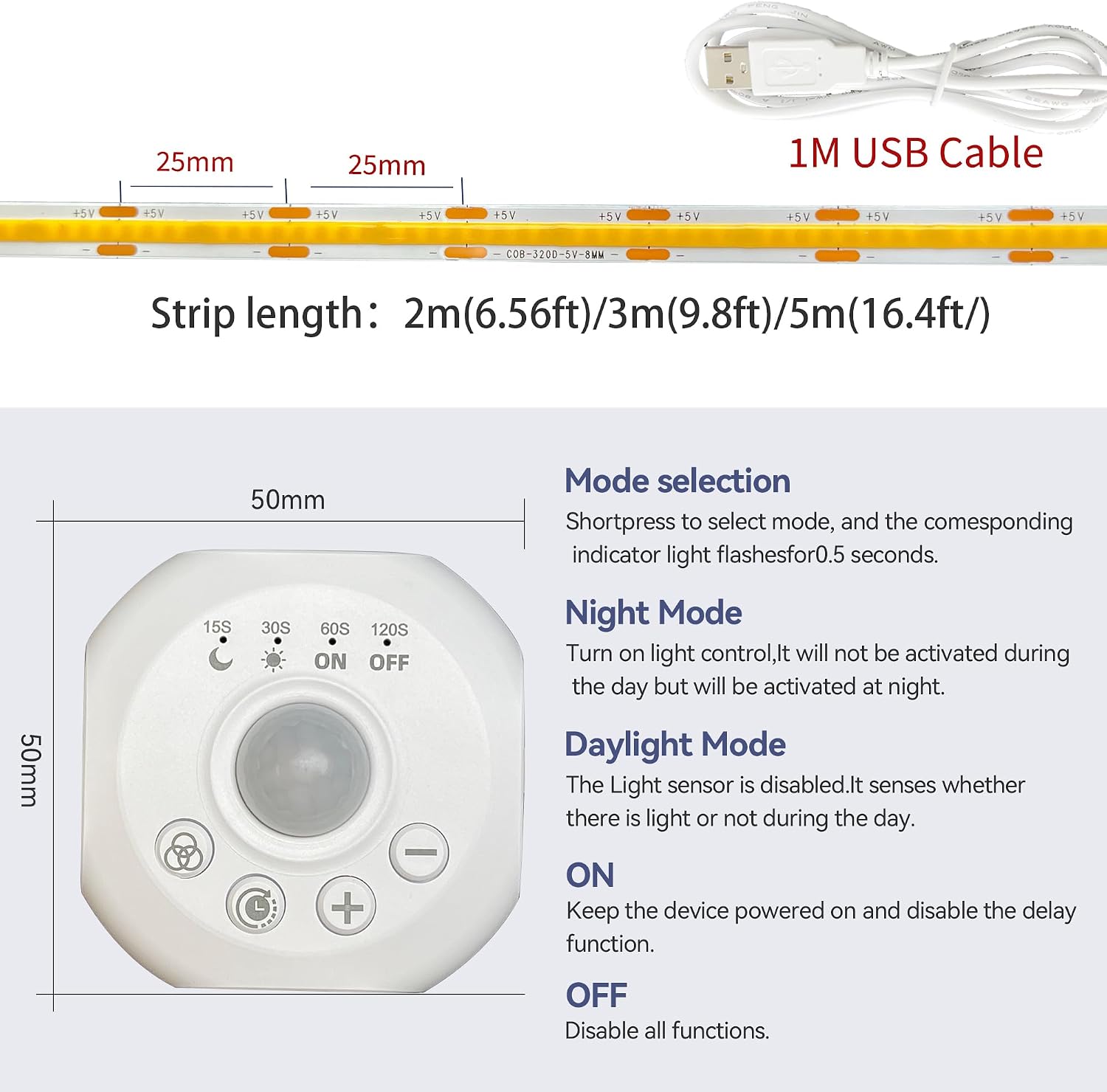 Detalle de Clearhill 5VDCUSB2-SEN-3-1P3000K ledstrip met sensor, dimmer, 3 m