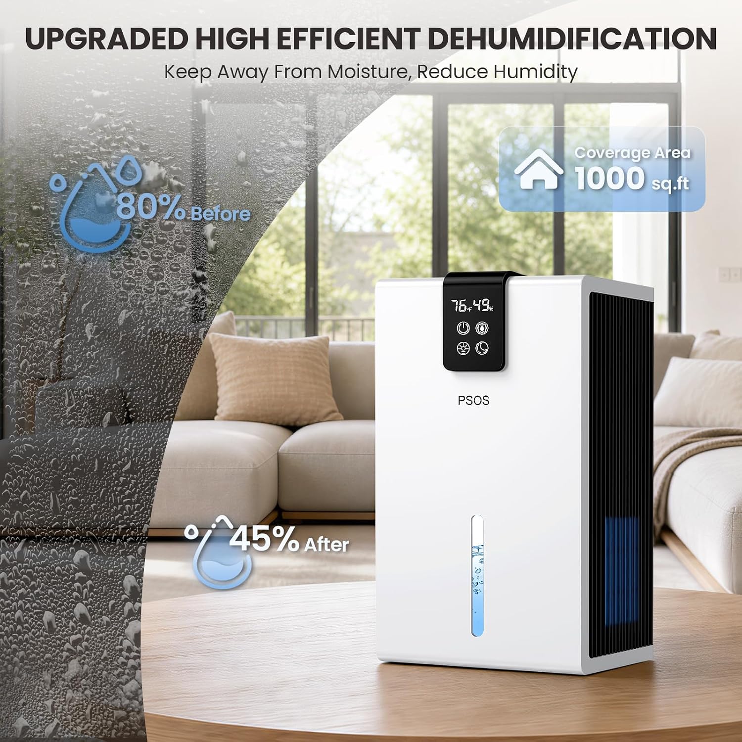 Detalle de PSOS PS-White Dehumidifier, 98-fl-oz Tank, Humidity Display and Sleep Mode