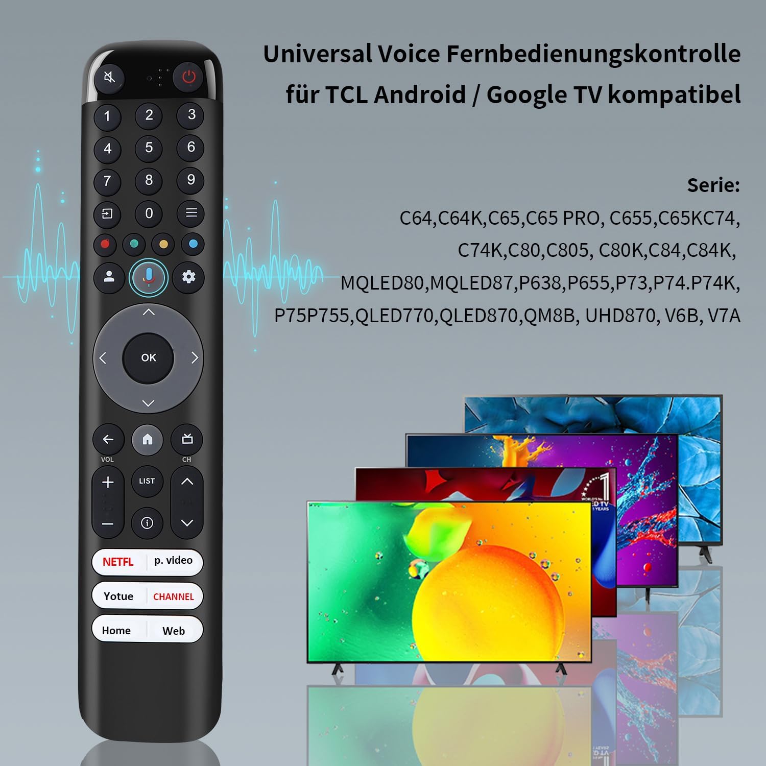 Thumbnail 1 de Gvirtue Sprach-Fernbedienung RC833/RC813 für TCL TV (Ersatz für Original), kompatibel mit TCL Android/Google Smart TV