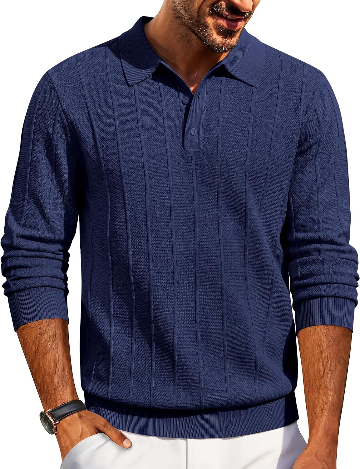 Detalle de COOFANDY Men's Knit Polo Sweater, Long Sleeve with 3-Button Collar