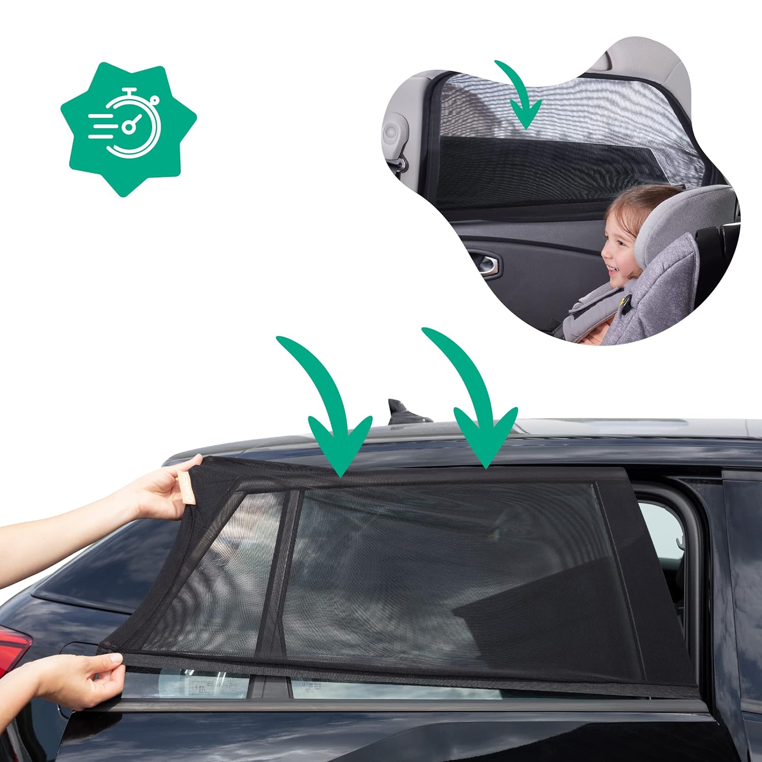 Detalle 2 de Badabulle Auto Sonnenschutz 2er Set – 99% Sonnenlicht gefiltert, hitzereduzierend und universal passend