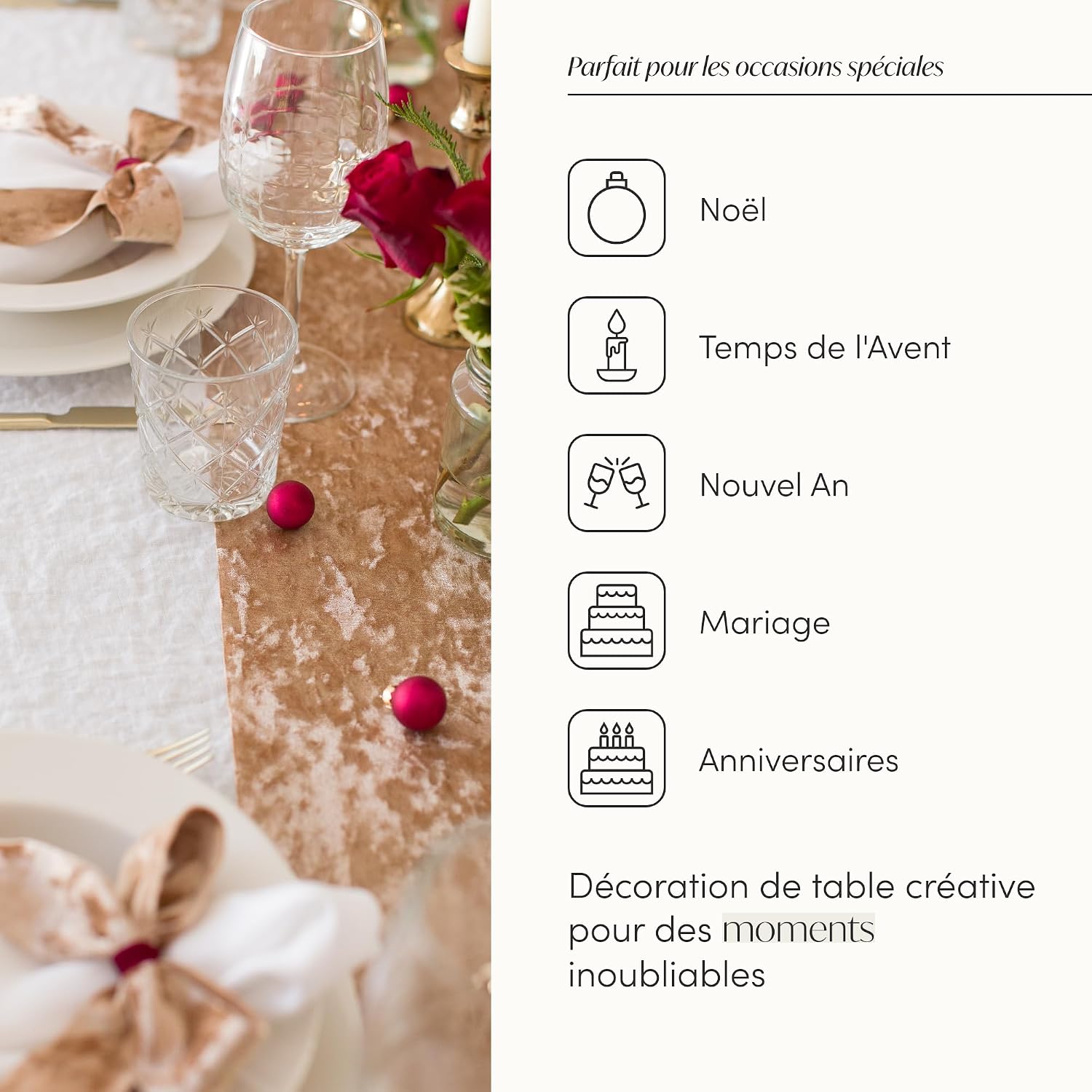 Detalle de 100%Mosel Chemin de table en velours beige doré (28 cm x 5 m) – Velours brillant pour fêtes et mariages