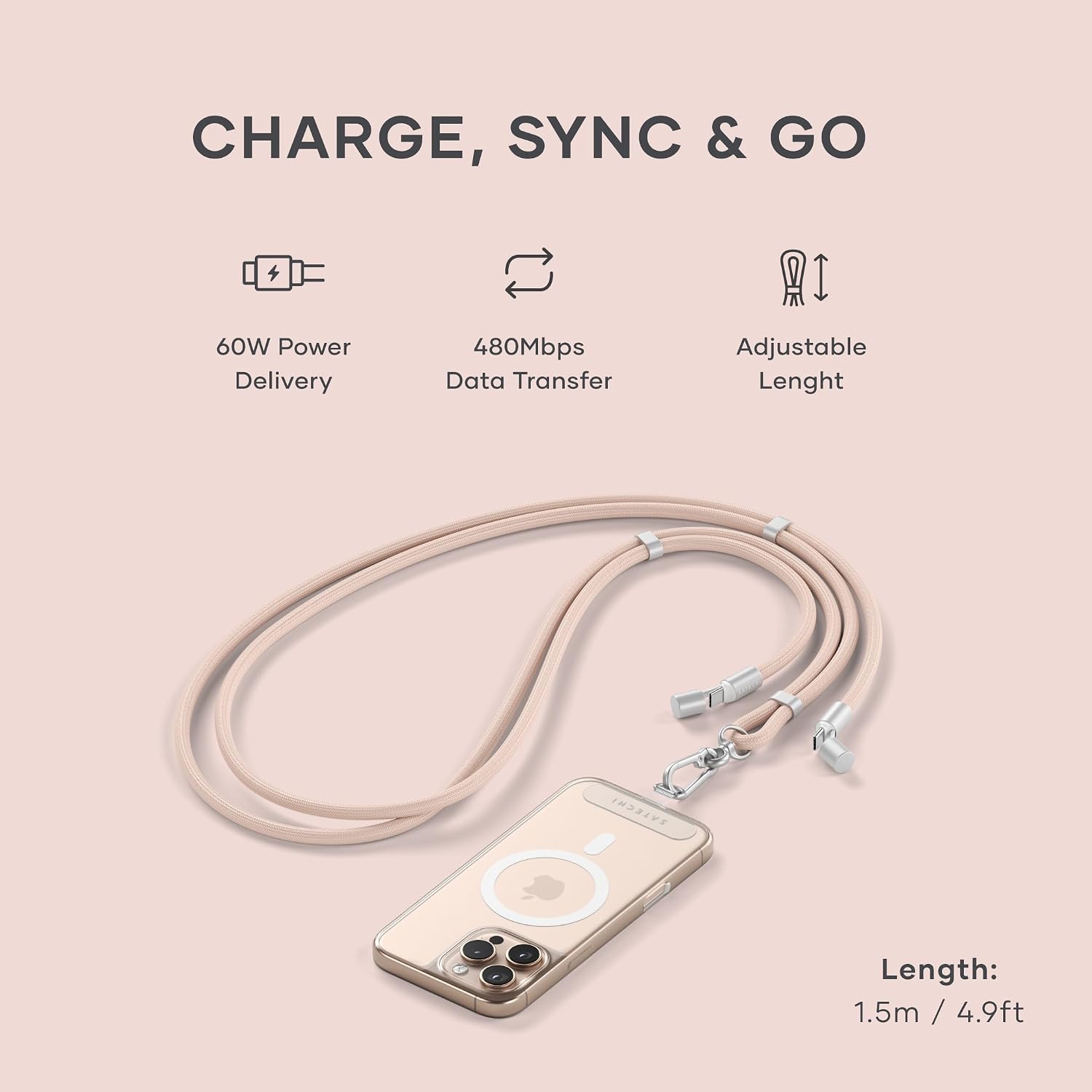 Detalle 2 de Satechi OntheGo USB-C Lanyard Cable (60W Fast Charging, 480Mbps, Desert Rose)