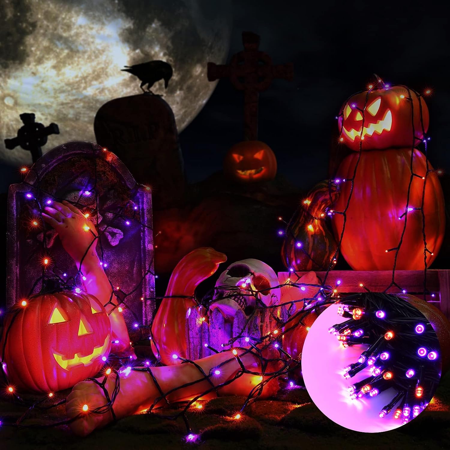 Detalle de NEXVIN Halloween Decorations Lights Outdoor – 20M 200 LED with Spooky Music and Motion Sensor